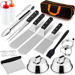 griddle accessories kit of 14, hasteel stainless steel griddle tools set with carrying bag, heavy duty metal spatulas, melting domes, scraper for teppanyaki flat top bbq outdoor, dishwasher safe