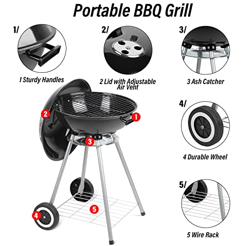 Sunoutife Charcoal Grills, 18.5” Portable BBQ Kettle Grill with Wheels for Outdoor Cooking Barbecue Camping