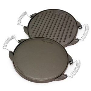 victoria round cast iron gril. double burner griddle, with wire handles seasoned with 100% kosher certified non-gmo flaxseed oil, 10 inch, black