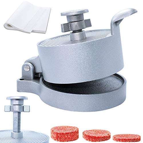 laffeya Burger Press, Hamburger Maker with 50 Non Stick Patty Papers, Adjustable Burger Press Makes 4 1/2" Patties, 1/4Lb to 3/4Lb (Burger Press with Paper)