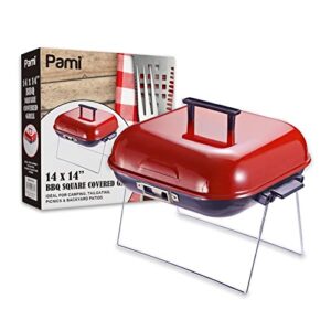 pami portable bbq tabletop charcoal grill with lid - 14” x 14” square covered smoker grill with folding legs for backyard patio, camping, tailgating, picnics- lightweight metal outdoor cooking grill