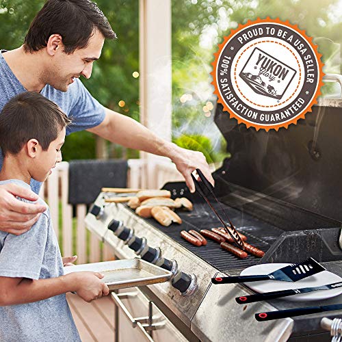 Yukon Glory 4 Piece Magnetic Grill Tools Set, Heavy Duty Stainless Steel, Contains Grill Fork, Basting Brush, Tongs and Multifunctional Spatula