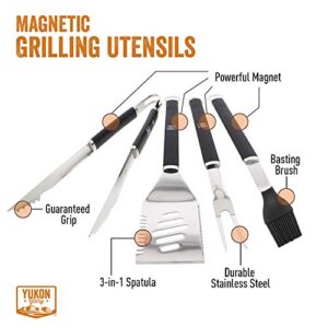 Yukon Glory 4 Piece Magnetic Grill Tools Set, Heavy Duty Stainless Steel, Contains Grill Fork, Basting Brush, Tongs and Multifunctional Spatula