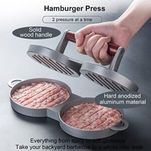 Amuideasy Burger Patty Maker, Aluminum Double Hamburger Press Patty Maker Wood Handle Meat Press Grill Burger Mold with 100 Patty Papers