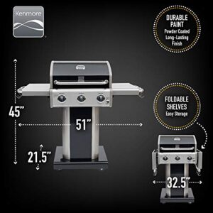 Kenmore 3-Burner Outdoor BBQ Grill | Liquid Propane Barbecue Gas Grill with Folding Sides, PG-A4030400LD, Pedestal Grill with Wheels, 30000 BTU, Black