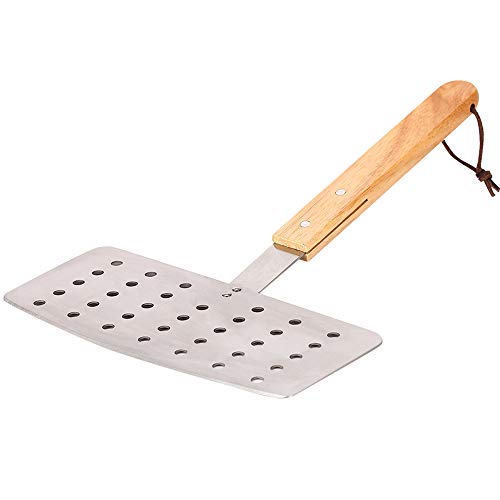 Updated Super Sturdy, Extra Wide Stainless Steel Metal Grill Spatula Flipper, Pizza peel/paddle with Solid Wood Handle, Large Turner with Bevelled Cutting Edge for Turning Fish, Steaks and Pizza