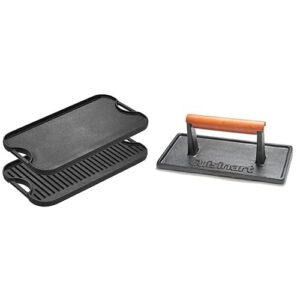 lodge lpgi3 cast iron reversible grill/griddle, 20-inch x 10.44-inch, black & cuisinart cgpr-221 cast iron grill press (wood handle), weighs 2.1-pounds