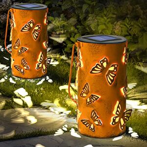 greenidea 2 pack hanging solar lanterns retro solar lights with handle, outdoor solar garden lights decor with butterfly pattern for yard tree lawn fence patio-yellow