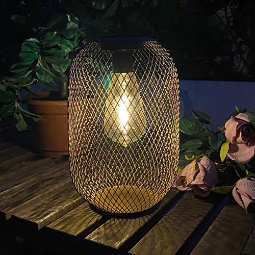 Solar Hanging Lantern Large Black Metal Mesh Lanterns Outdoor Waterproof with LED Lights Solar Powered Table Lantern Edison Bulb Design Lighting for Patio, Garden, Yard, Indoor Decoration