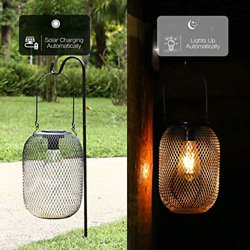 Solar Hanging Lantern Large Black Metal Mesh Lanterns Outdoor Waterproof with LED Lights Solar Powered Table Lantern Edison Bulb Design Lighting for Patio, Garden, Yard, Indoor Decoration