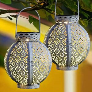 solar lanterns outdoor waterproof lights, 2 pack bright large hanging solar lantern lamps with handle, metal decorative solar garden lights for patio lawn yard tabletop decoration