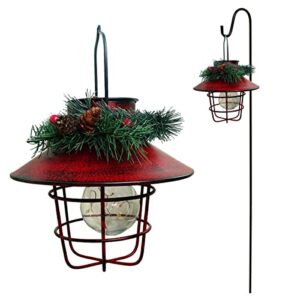 alpine corporation metal lantern with shepherd's hook and solar warm white led lights, red
