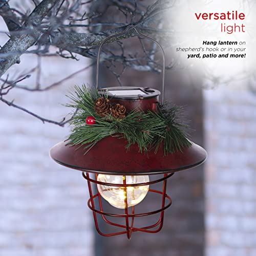 Alpine Corporation Metal Lantern with Shepherd's Hook and Solar Warm White LED Lights, Red