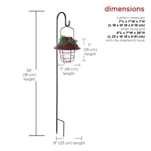 Alpine Corporation Metal Lantern with Shepherd's Hook and Solar Warm White LED Lights, Red