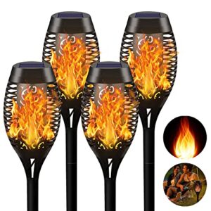 sunjoyco 4pcs solar torch lights with flickering flame, 12 led solar lights outdoor, waterproof landscape decoration flame lights, solar pathway lights for outside garden patio yard pathway