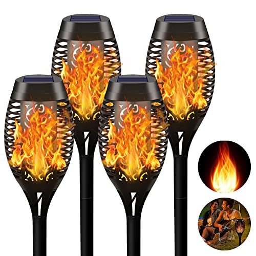 SUNJOYCO 4Pcs Solar Torch Lights with Flickering Flame, 12 LED Solar Lights Outdoor, Waterproof Landscape Decoration Flame Lights, Solar Pathway Lights for Outside Garden Patio Yard Pathway