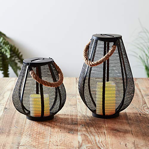 Lights4fun, Inc. 9.5” Black Mesh Metal Solar Powered LED Outdoor Garden & Patio Hanging or Table Lantern