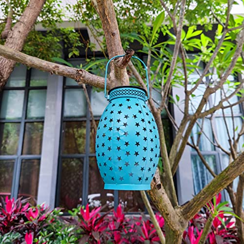 Elfengarden Hanging Solar Lanterns Outdoor Waterproof Solar Lights Metal Retro Flickering Garden Courtyard Lawn Tree Fence Patio Tabletop Lights Deco (Cyan)