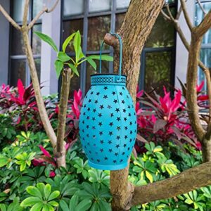 Elfengarden Hanging Solar Lanterns Outdoor Waterproof Solar Lights Metal Retro Flickering Garden Courtyard Lawn Tree Fence Patio Tabletop Lights Deco (Cyan)