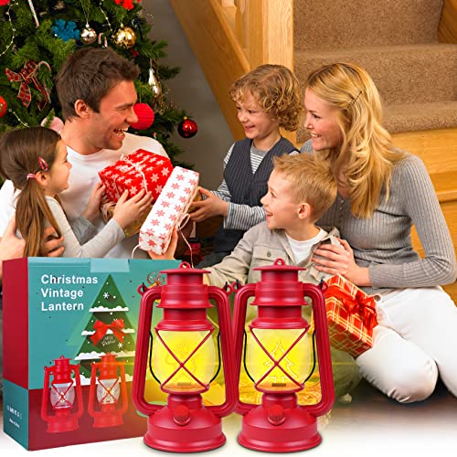 Christmas Vintage Lantern LED Outdoor Hanging Lantern Lights with Christmas Tree & Santa Claus LED Lantern Hanging Christmas Battery Powered Camping Retro Lanterns 2 Pack Gift