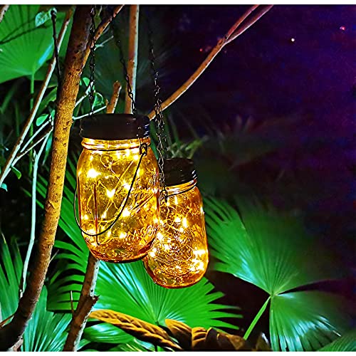 Outdoor Solar Lanterns,Hanging Lights Outdoor,Garden Decorations Patio Decorations Solar Powered Waterproof 30 LED Glass Jar Lights for Party, Courtyard, Patio,Tabletop Decorations （2Pack)