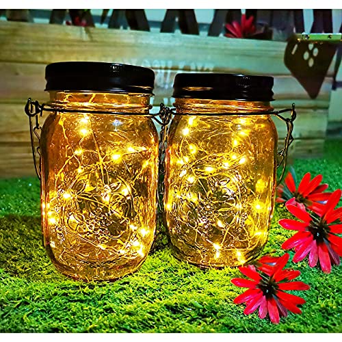 Outdoor Solar Lanterns,Hanging Lights Outdoor,Garden Decorations Patio Decorations Solar Powered Waterproof 30 LED Glass Jar Lights for Party, Courtyard, Patio,Tabletop Decorations （2Pack)