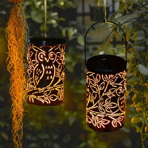 shengming 2 pack hanging solar metal led lanterns owl design retro solar lights with handle, outdoor solar garden lights decor for yard tree fence patio 20 lumens warm white