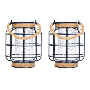 2 pack black solar lanterns outdoor waterproof landscape solar lights for garden yard porch fence patio tree, 20 x mini warm white leds, hemp rope handle