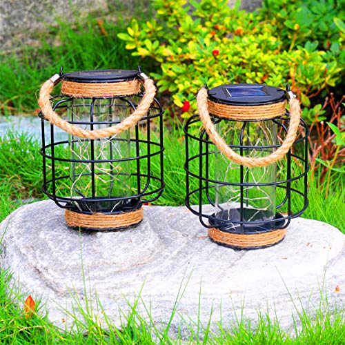 2 Pack Black Solar Lanterns Outdoor Waterproof Landscape Solar Lights for Garden Yard Porch Fence Patio Tree, 20 x Mini Warm White LEDs, Hemp Rope Handle