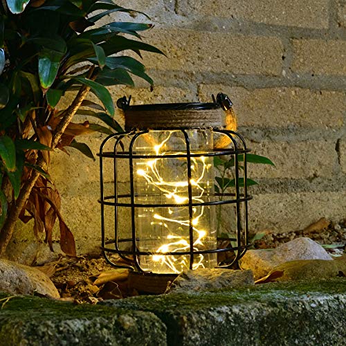 2 Pack Black Solar Lanterns Outdoor Waterproof Landscape Solar Lights for Garden Yard Porch Fence Patio Tree, 20 x Mini Warm White LEDs, Hemp Rope Handle