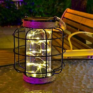 2 Pack Black Solar Lanterns Outdoor Waterproof Landscape Solar Lights for Garden Yard Porch Fence Patio Tree, 20 x Mini Warm White LEDs, Hemp Rope Handle