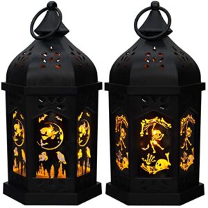 reperla festive lanterns, 7.8" halloween decorations lights with patterns,black flame effect led candle lantern kids gifts for home,table,tree,activities,party,porch (set of 2)