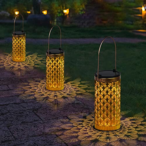 LADIGASU Solar Lanterns Outdoor Hanging Lantern Lights,Hollowed-Out Metal Decor Lantern, Waterproof LED Decorative Garden Light-Delicate Garden,Patio,Porches Decoration