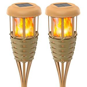 evelynsun flickering flames solar powered lights - upgraded solar torches waterproof outdoor decorative lighting auto on/off, handmade bamboo finish, 2-pack