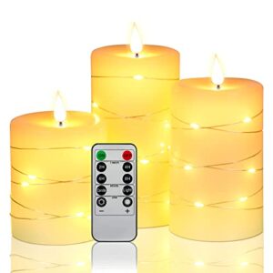 won't melt flameless candles,with starry string lights, waterproof，outdoor indoor battery operated led candles with remote timers, moving flame, ivory paraffin plating plastic, set of 3