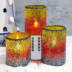 MELTONE Beach Decor Glass Electric Candles with Remote, Mosaic Sunset Theme Blinks LED Candles, Real Wax Battery Operated Candles for Bedroom Bathroom Patry Ocean Home Decorations, Set of 3