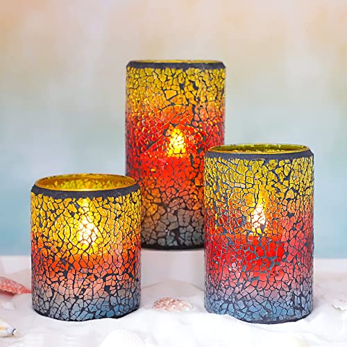 MELTONE Beach Decor Glass Electric Candles with Remote, Mosaic Sunset Theme Blinks LED Candles, Real Wax Battery Operated Candles for Bedroom Bathroom Patry Ocean Home Decorations, Set of 3