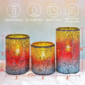 MELTONE Beach Decor Glass Electric Candles with Remote, Mosaic Sunset Theme Blinks LED Candles, Real Wax Battery Operated Candles for Bedroom Bathroom Patry Ocean Home Decorations, Set of 3