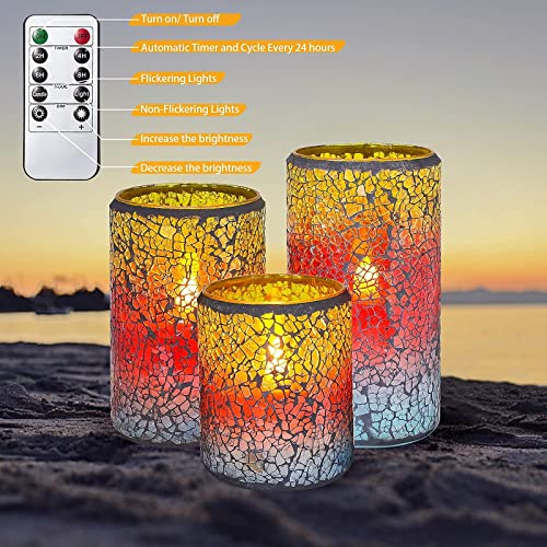 MELTONE Beach Decor Glass Electric Candles with Remote, Mosaic Sunset Theme Blinks LED Candles, Real Wax Battery Operated Candles for Bedroom Bathroom Patry Ocean Home Decorations, Set of 3