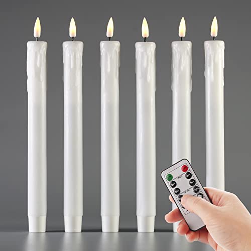 Girimax White Drip Wax Look Flameless Taper Candles with Remote, Flickering Battery LED Candlesticks Set of 6