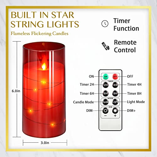 NURADA 3"x6"Flickering Flameless Candles: Built-in Star String, Unbreakable Glass Battery Operated LED Pillar Candles - Acrylic Battery Candles with Remote and Timer, Red