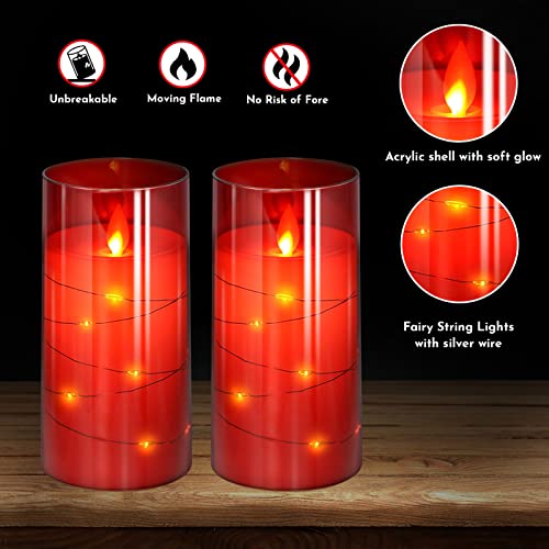 NURADA 3"x6"Flickering Flameless Candles: Built-in Star String, Unbreakable Glass Battery Operated LED Pillar Candles - Acrylic Battery Candles with Remote and Timer, Red