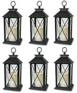 decorative black lantern with cross bar design - led flickering flameless pillar candle with 5 hour timer included - indoor/outdoor lantern - 13" - pack of 6