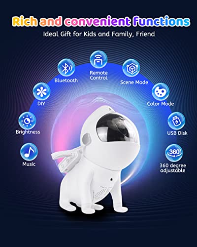 Xubialo Star Projector Space Dog,Galaxy Projector with 360°Adjustable Design,21 Color Modes,Bluetooth Music Speaker,8 White Noises,Astronaut Light Projector for Kids and Adults(White)