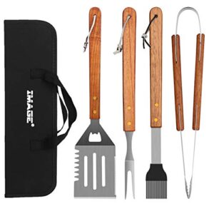 image wooded bbq accessories grilling tools,stainless steel bbq tools grill tools set for cooking, backyard barbecue & outdoor camping gift for man dad women barbecue enthusiasts set of 4