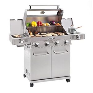 Monument Grills Larger 4-Burner Propane Gas Grills Stainless Steel Cabinet Style with Clear View Lid, LED Controls, Built in Thermometer, and Side & Side Sear Burners