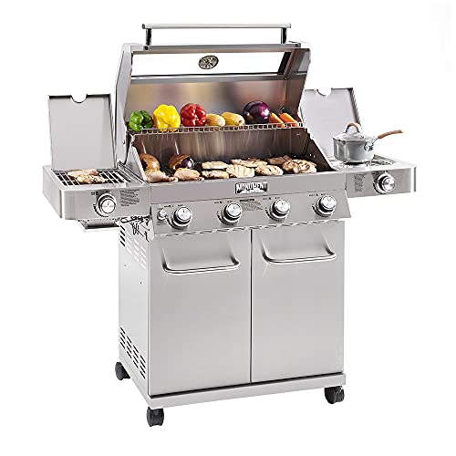 Monument Grills Larger 4-Burner Propane Gas Grills Stainless Steel Cabinet Style with Clear View Lid, LED Controls, Built in Thermometer, and Side & Side Sear Burners