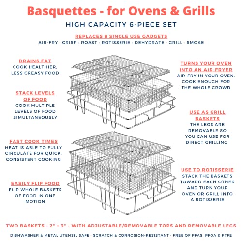 Basquettes for Ovens and Grills - Air-Fry, Crisp, Roast, Rotisserie, Dehydrate, Grill, Smoke. Use as Air Fryer Tray, BBQ Accessory, Crisper. High-Capacity 6-Piece Basket Set