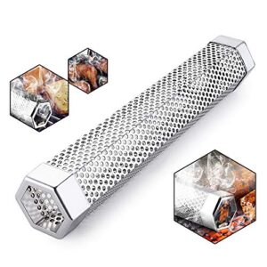 pellet smoker tube for grilling, 12 inches premium stainless steel bbq wood pellet tube smoker for gas charcoal electric grill or smokers, hexagonal