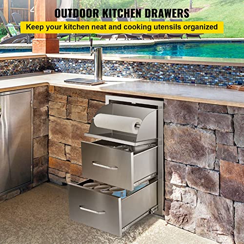 Mophorn 17W x 30H x 21D Inch Outdoor Kitchen Stainless Steel Double Access Drawers with Paper Towel Holder Combo for BBQ Island or Grill Station